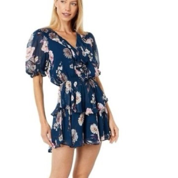 YUMI KIM Reese navy Floral Mini Ruffle dress bell sleeve Large NWT - Picture 10 of 15